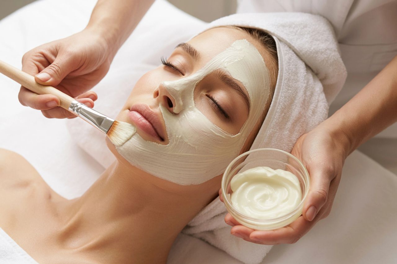 Applicazione di una maschera viso con il pennello